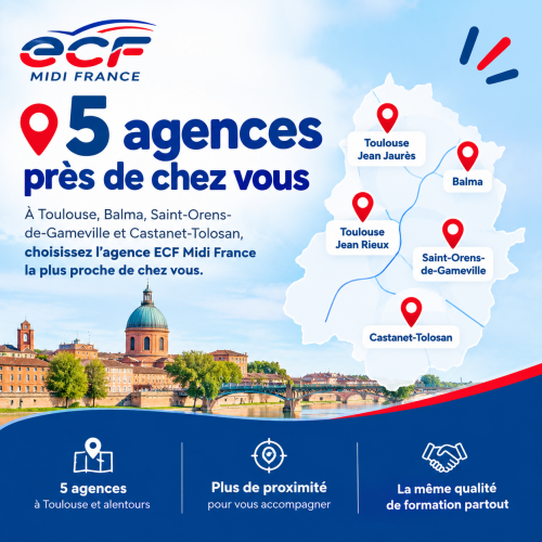 ECF Midi France vous accompagne pour le permis de conduire à Toulouse, Balma, Saint-Orens et Castanet-Tolosan : permis B, moto A2, 125 cm³, AM, B96 et BE.